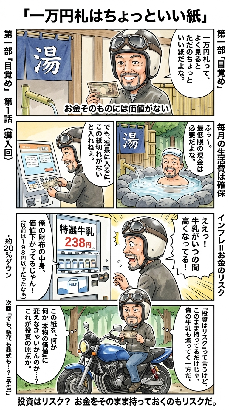 一万円札を手に持ちながら「これって本当に価値があるのか？」と考え込む男性のイラスト漫画