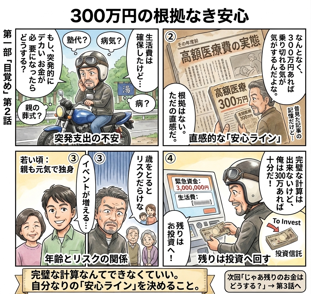 ゆうごが「いざというとき」の出費について考え込んでいる場面